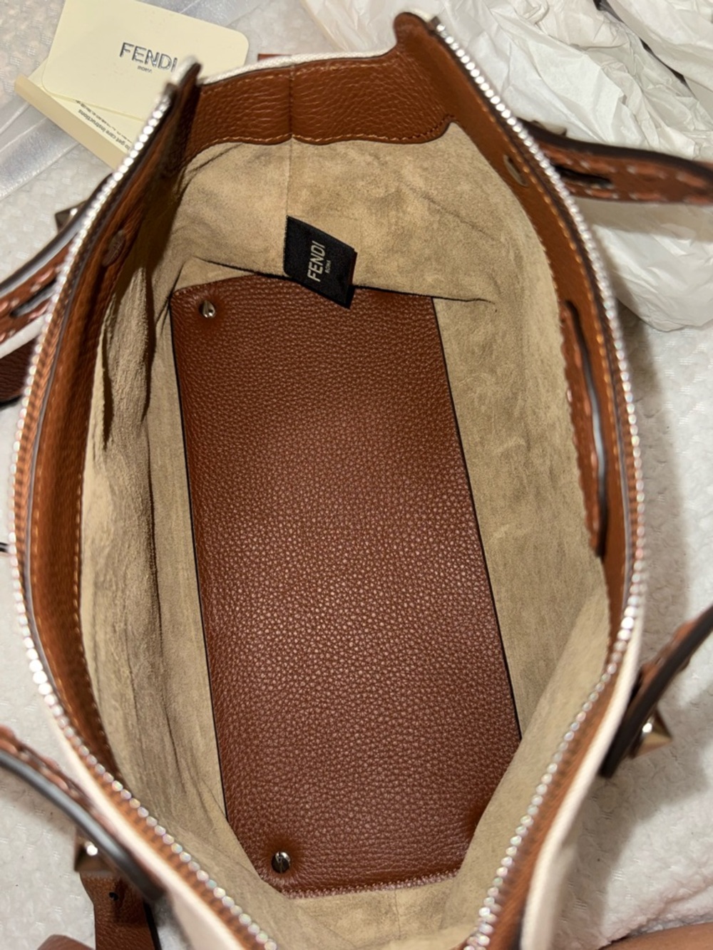 Fendi Beige and Brown Leather Satchel with Adjustable Strap - Picture 8 of 9